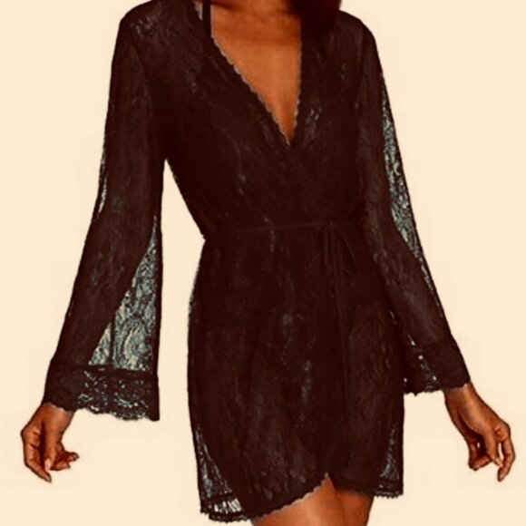 Nordstrom‎ Black Lace Robe In Bloom by Jonquil Size Large Belt Tie Flared Sleeve - Picture 1 of 12